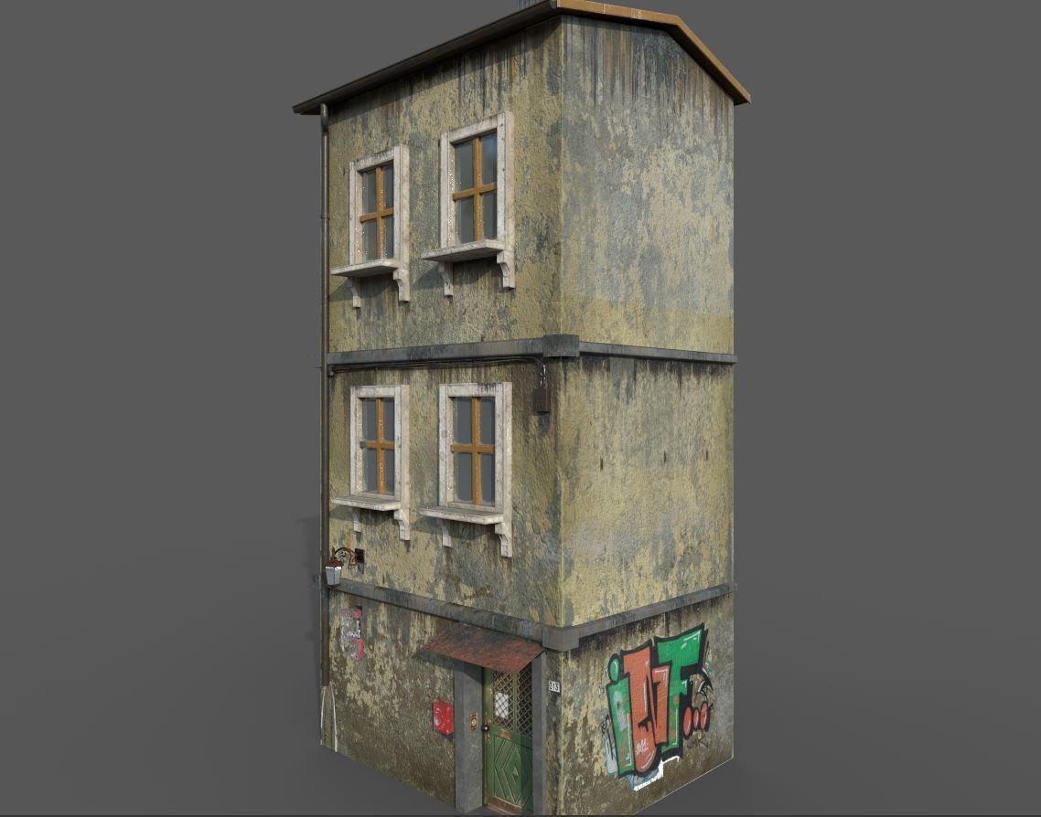 Worn European House With Graffiti 3D model_12