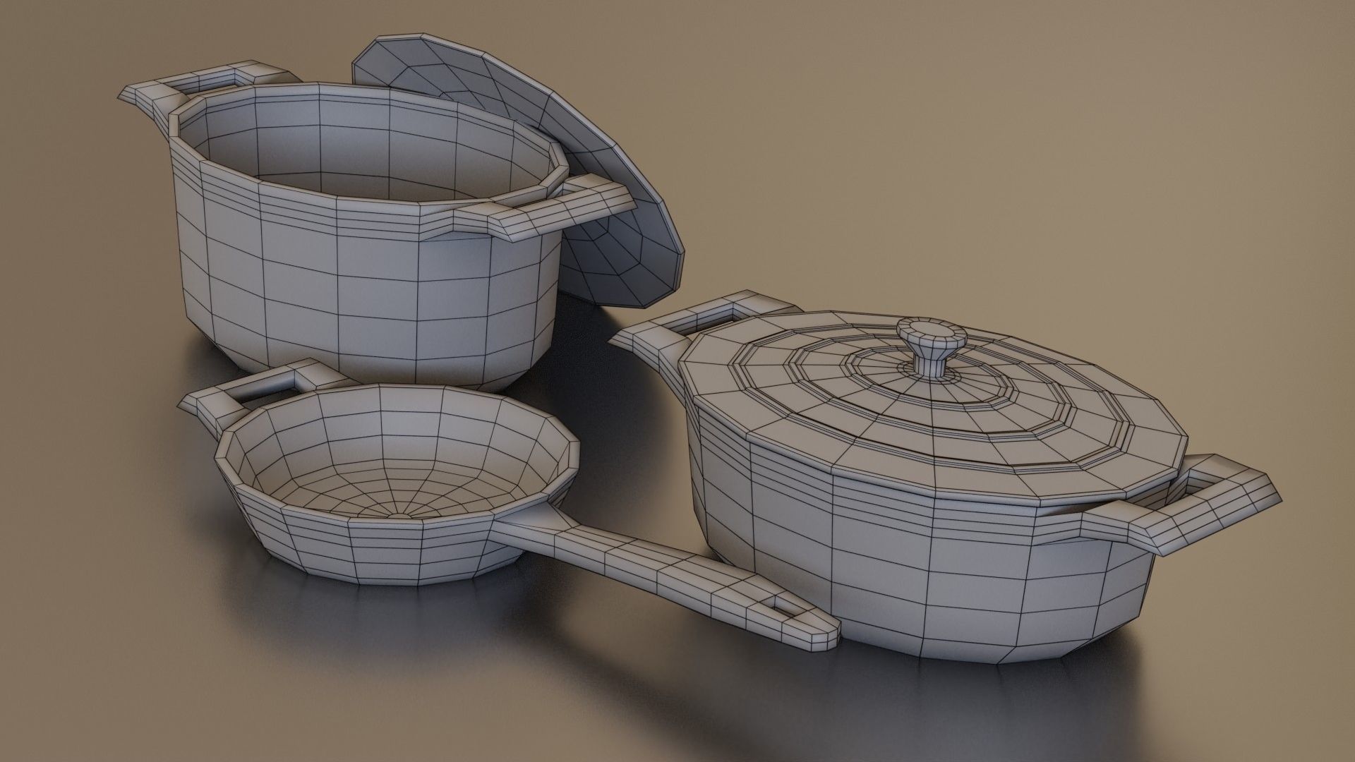 cream cast iron pan set Low-poly 3D model_10