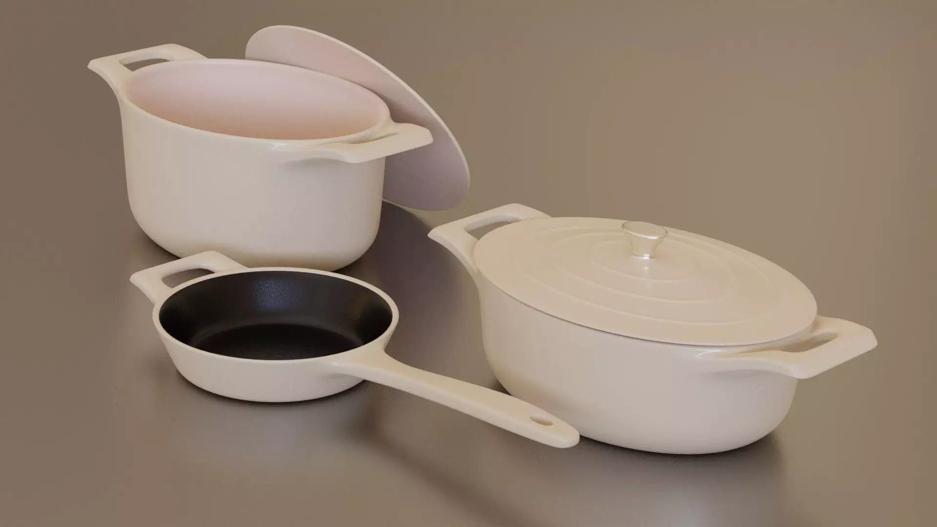 cream cast iron pan set Low-poly 3D model_0