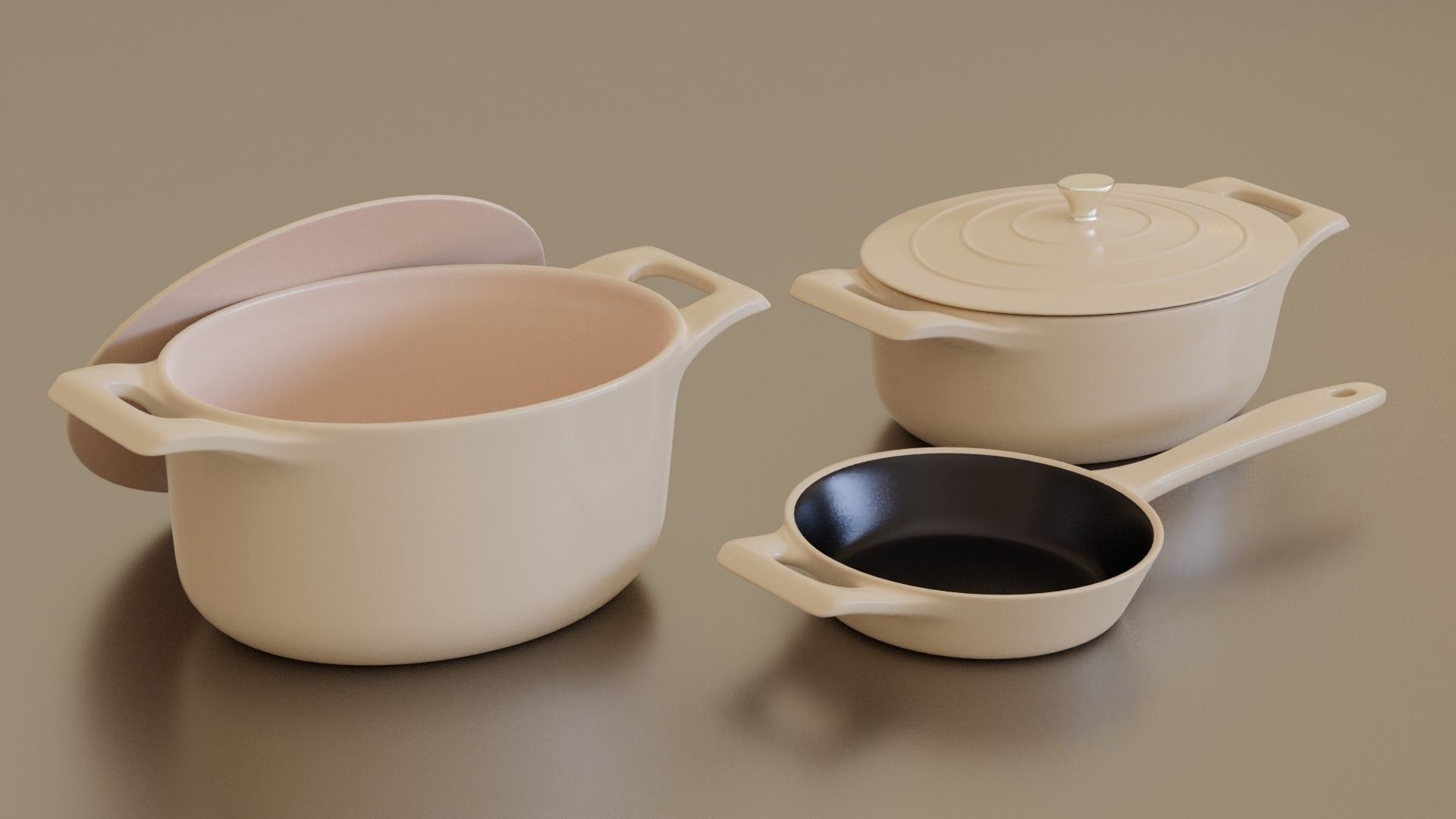 cream cast iron pan set Low-poly 3D model_2