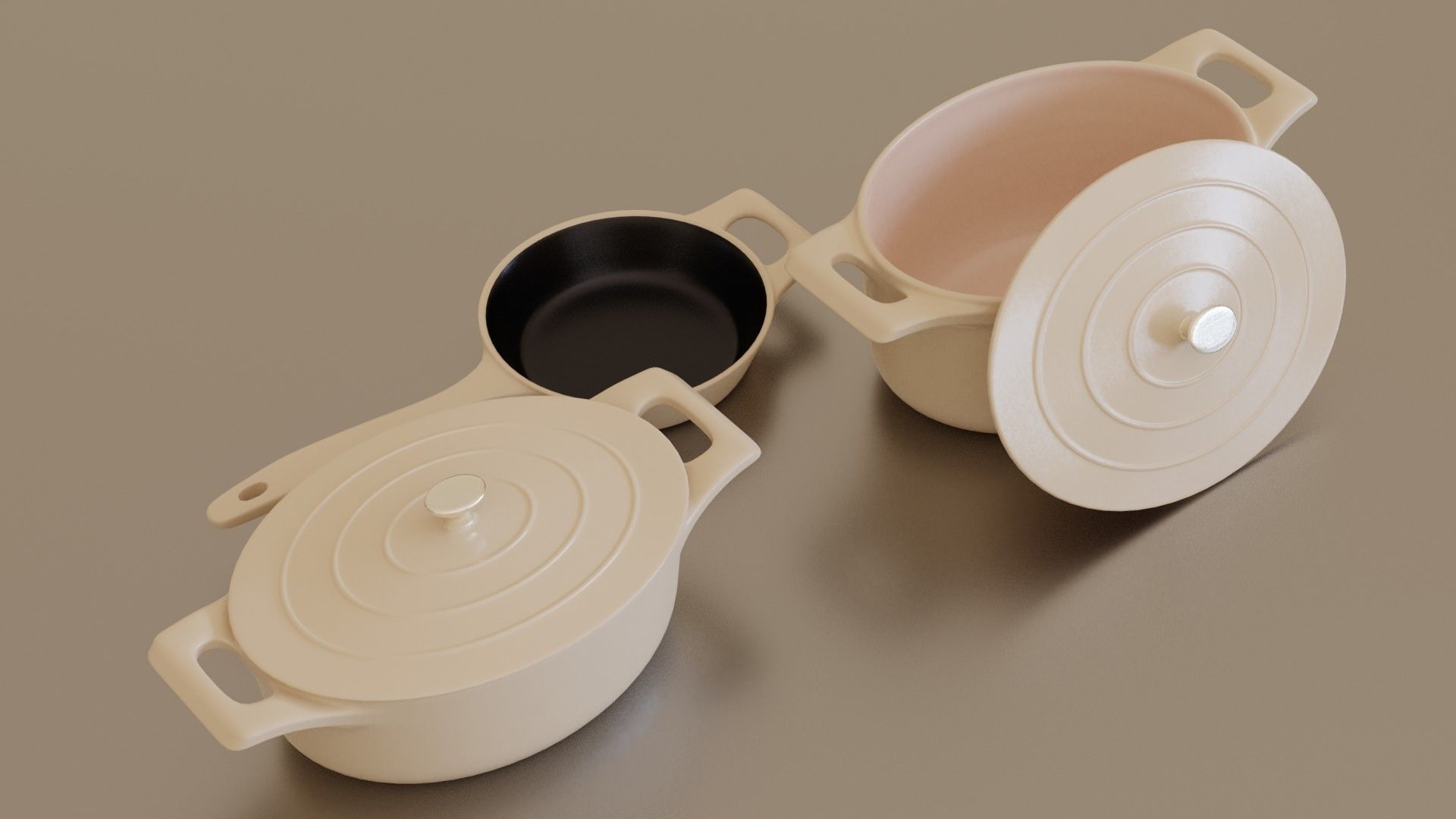 cream cast iron pan set Low-poly 3D model_3