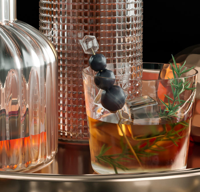 Alcohol set cocktail in glass with ice cubes 3D model_2