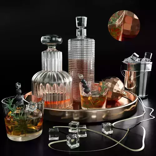 Alcohol set cocktail in glass with ice cubes 3D model