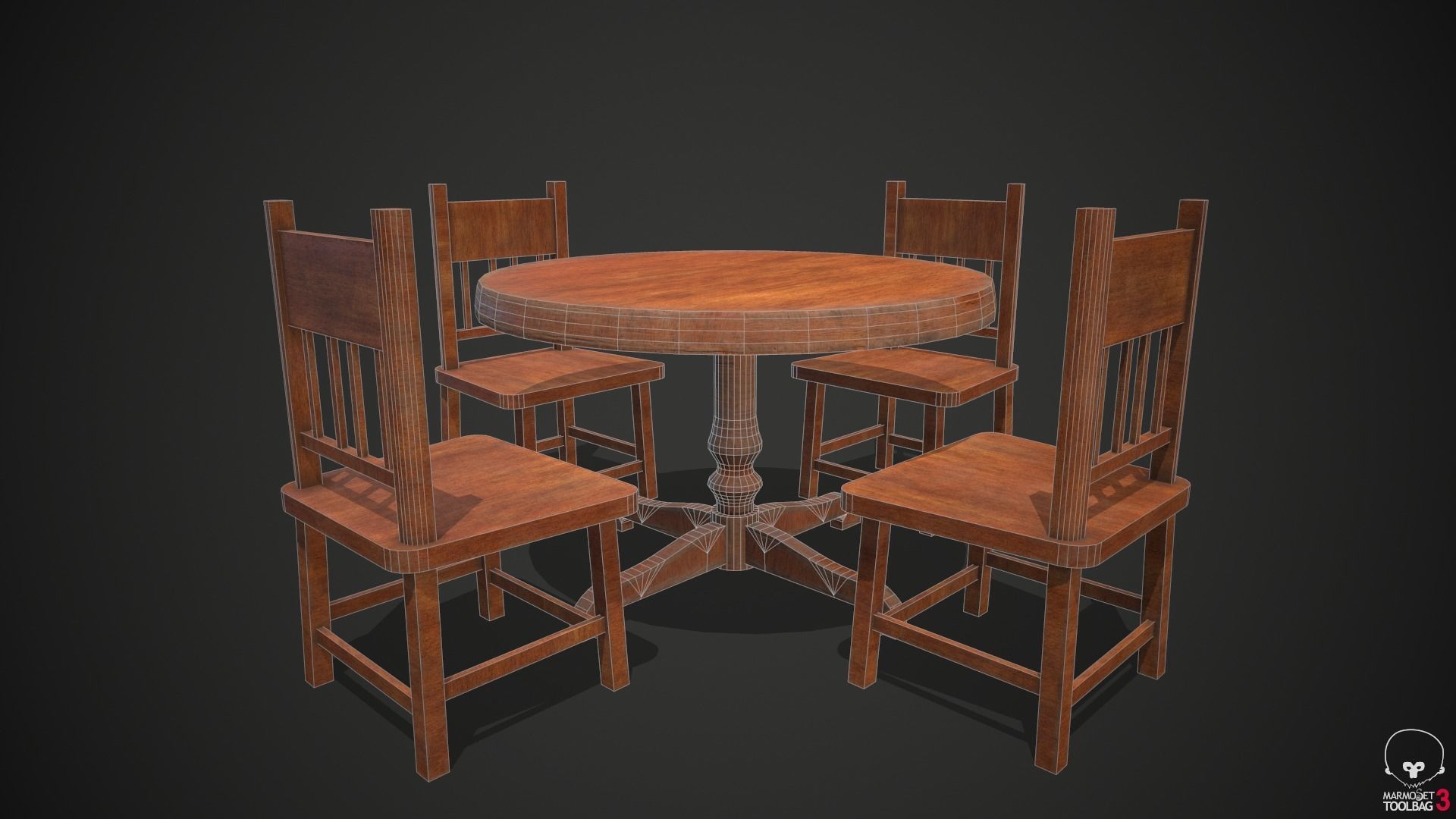 Wooden Table and Chairs Low-poly 3D model_5