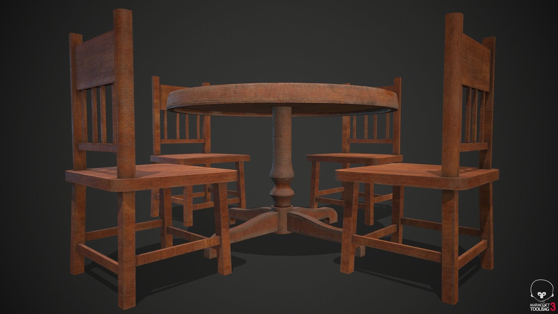 Wooden Table and Chairs Low-poly 3D model_4