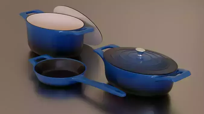 Blue cast iron pan set Low-poly 3D model