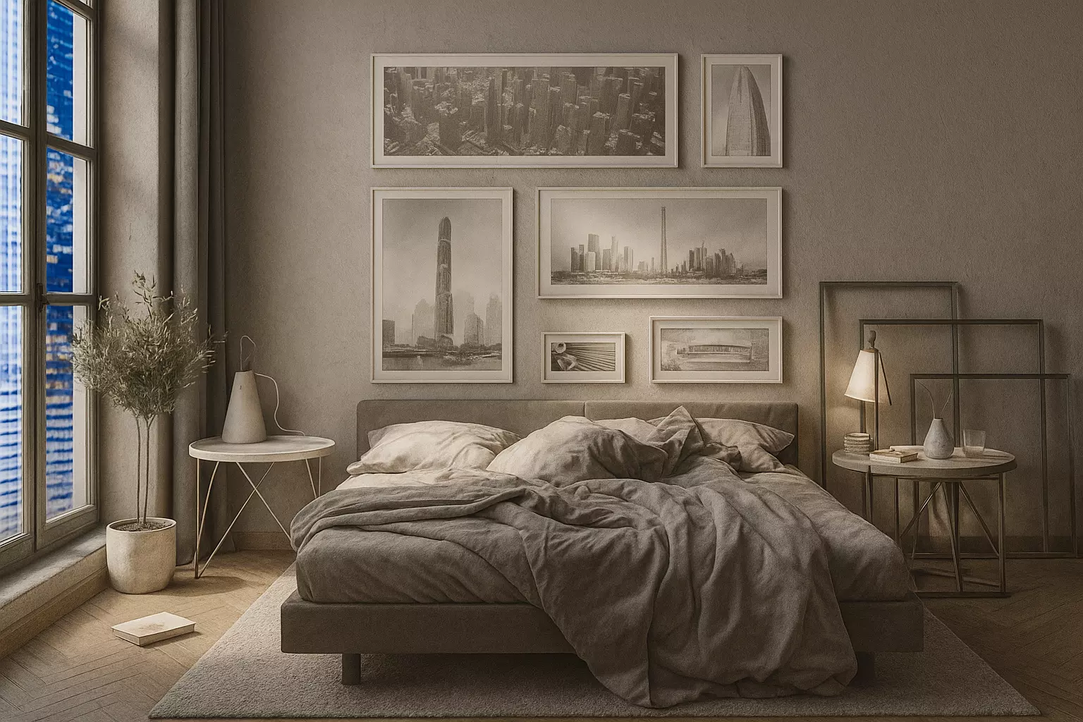 Bedroom with bed and city 3D model_0