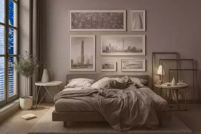 Bedroom with bed and city