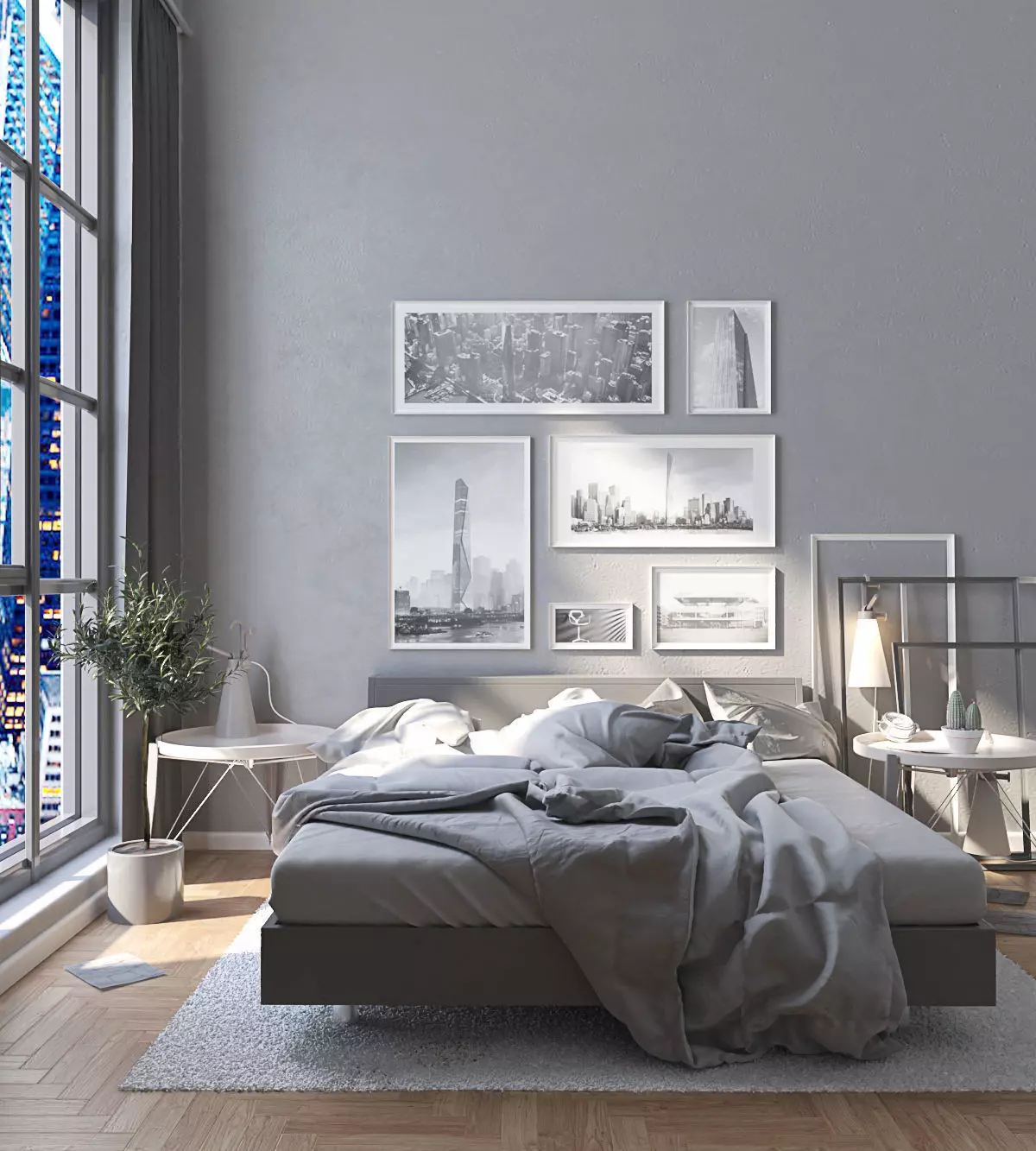 Bedroom with bed and city 3D model_2