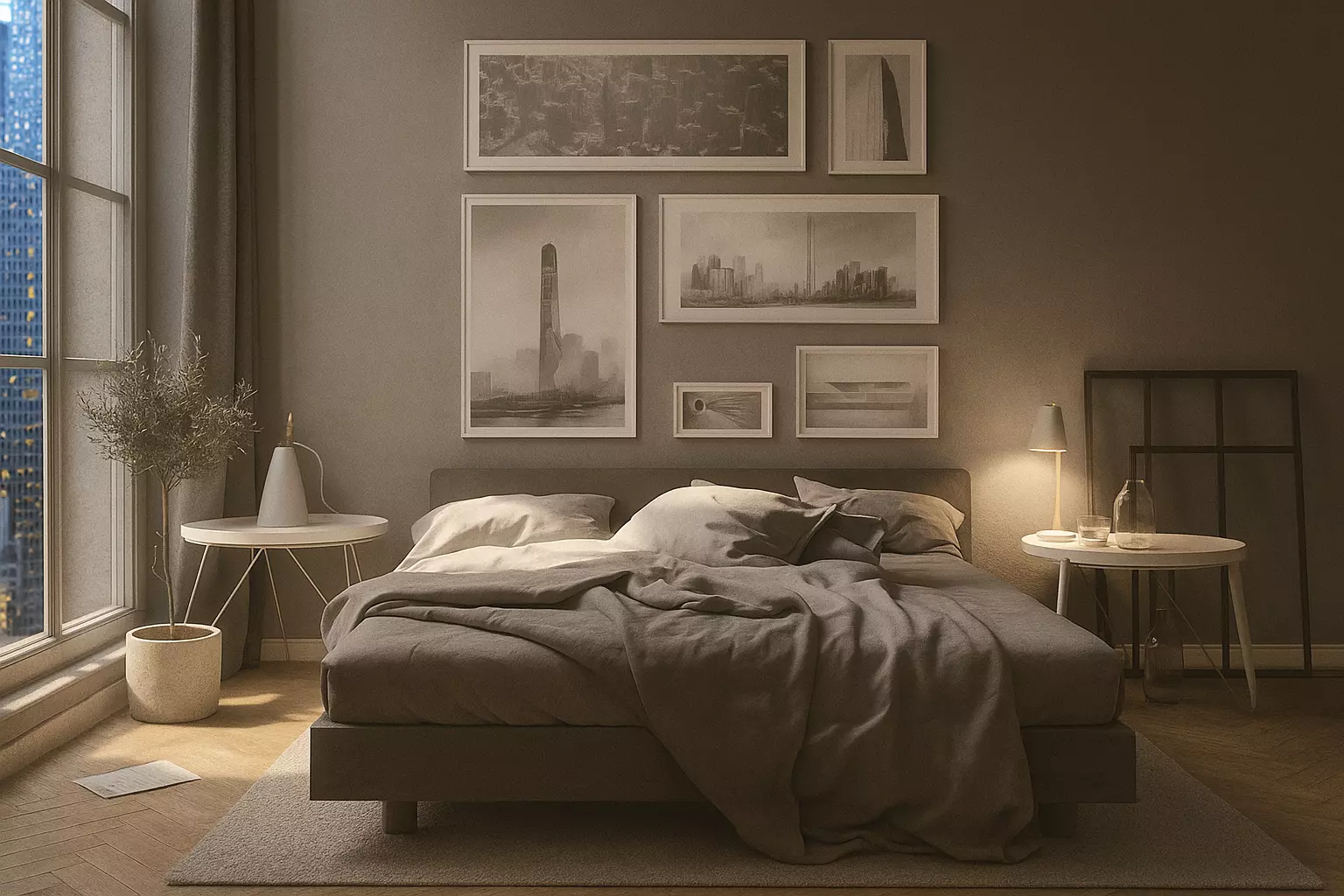 Bedroom with bed and city 3D model_1