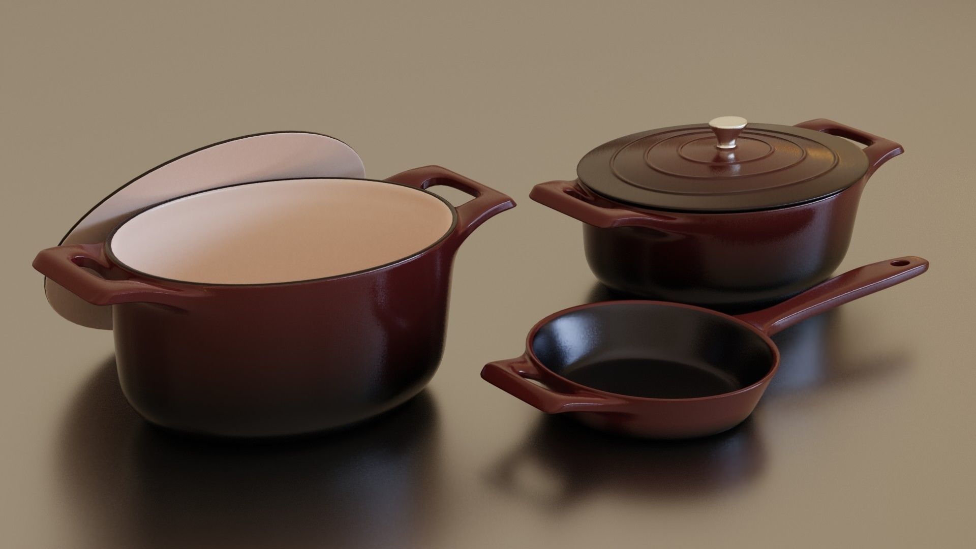 Ruby cast iron pan set Low-poly 3D model_2