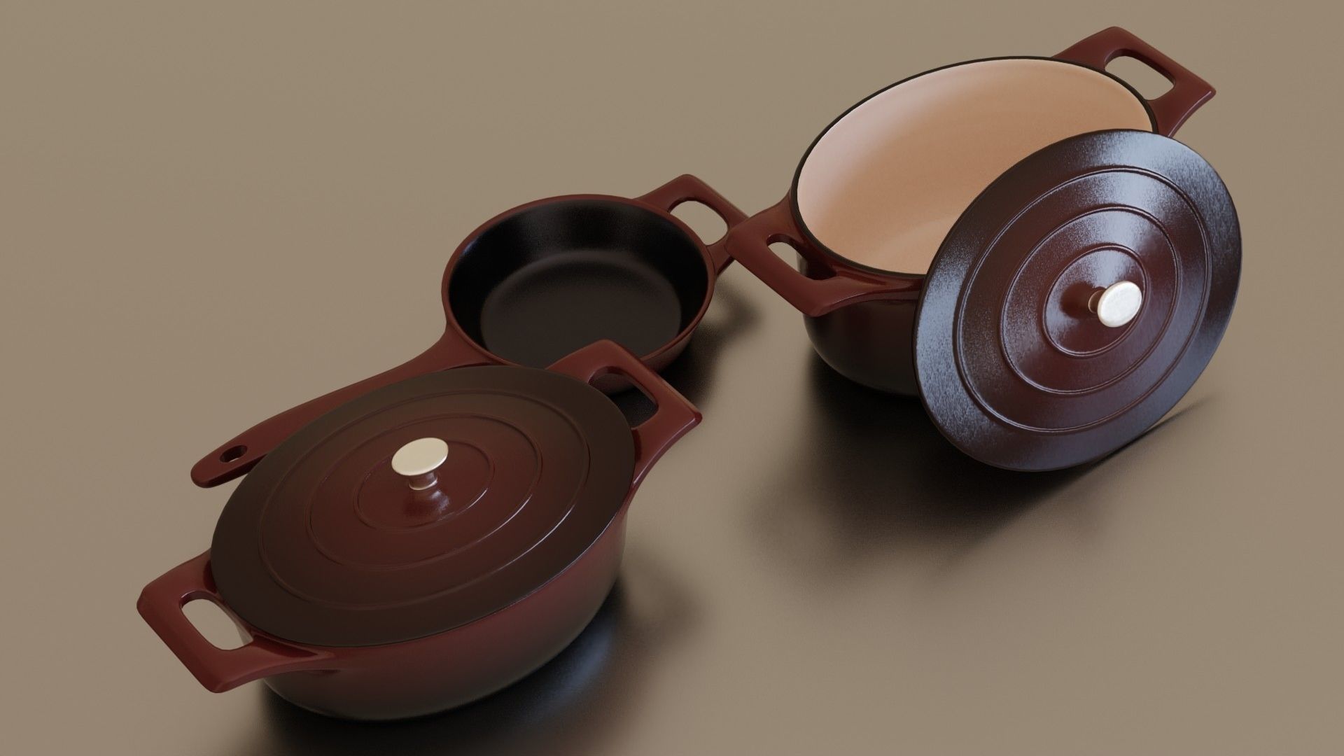 Ruby cast iron pan set Low-poly 3D model_3