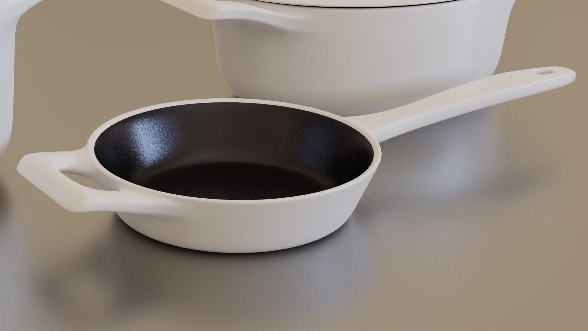White cast iron pan set 3D model_5