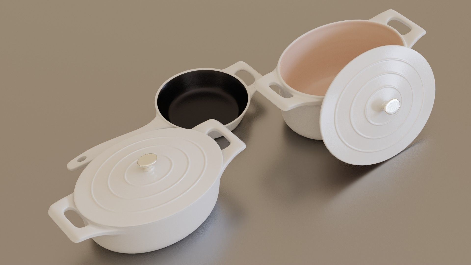 White cast iron pan set 3D model_3