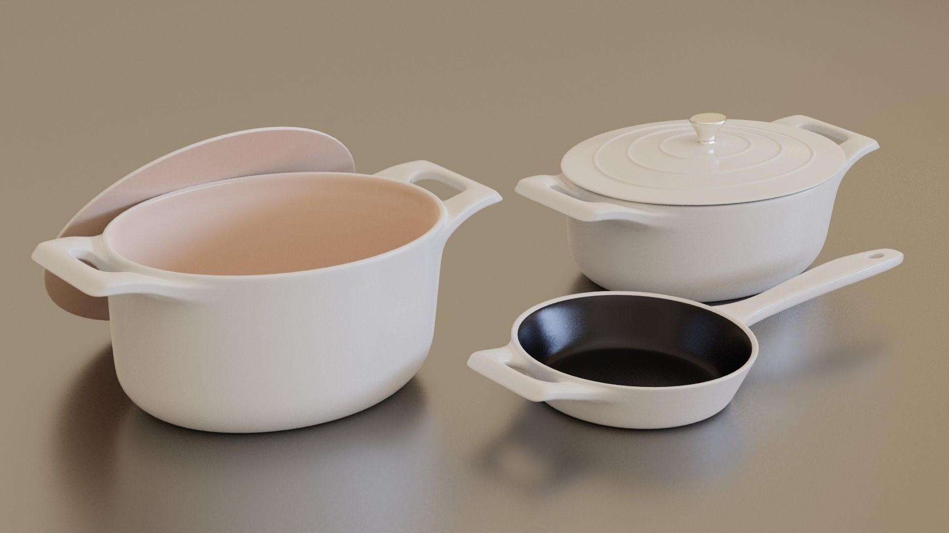 White cast iron pan set 3D model_2