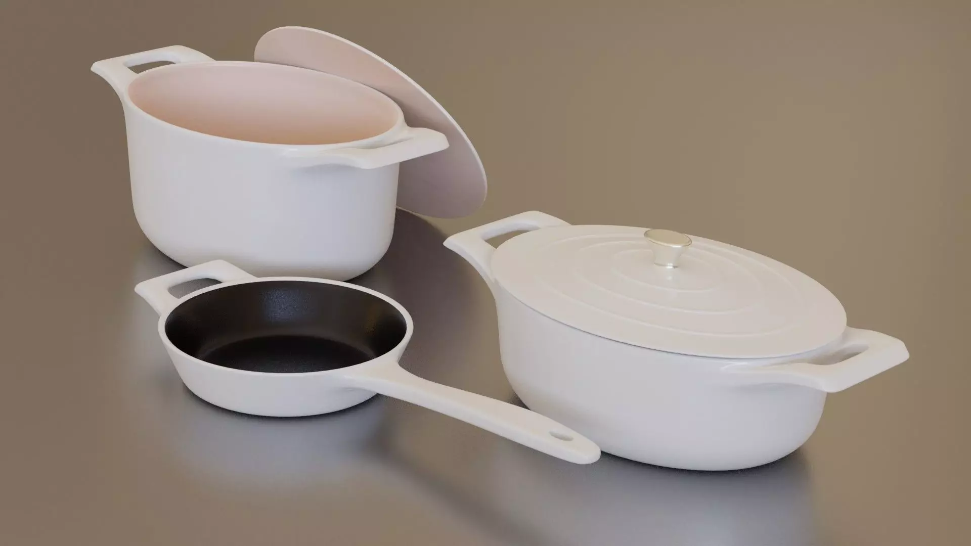White cast iron pan set 3D model_0