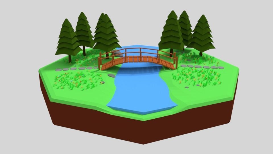Low Poly Cartoon Forest Bridge Scene Low-poly 3D model_7