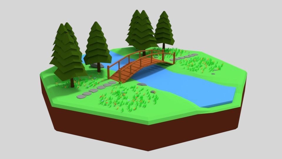 Low Poly Cartoon Forest Bridge Scene Low-poly 3D model_6
