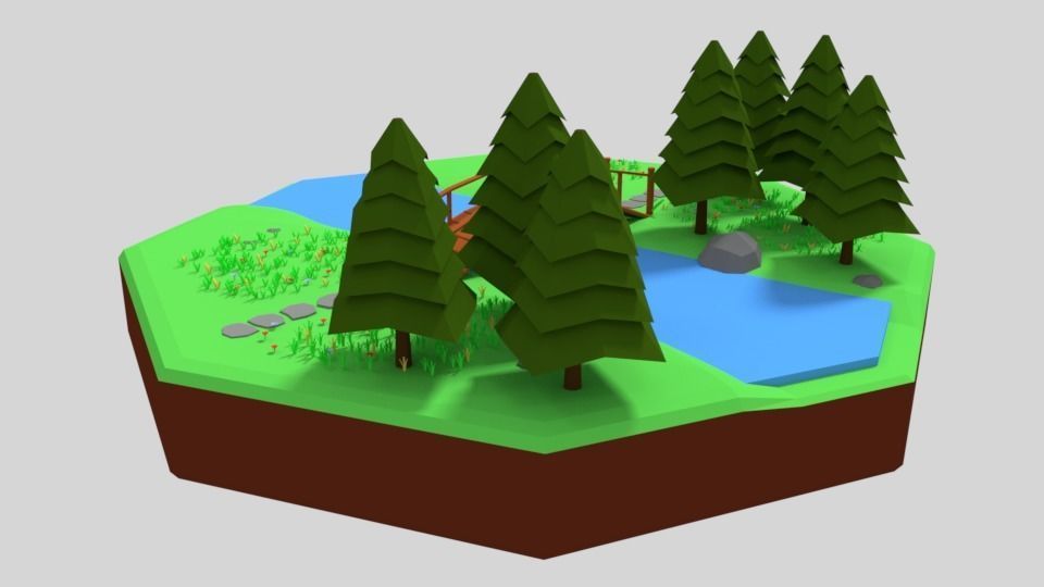 Low Poly Cartoon Forest Bridge Scene Low-poly 3D model_2