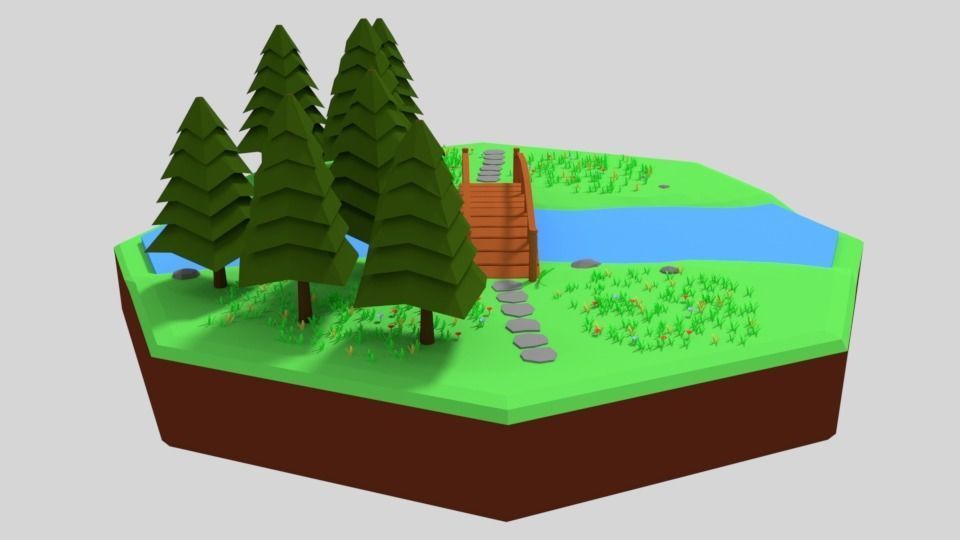 Low Poly Cartoon Forest Bridge Scene Low-poly 3D model_5