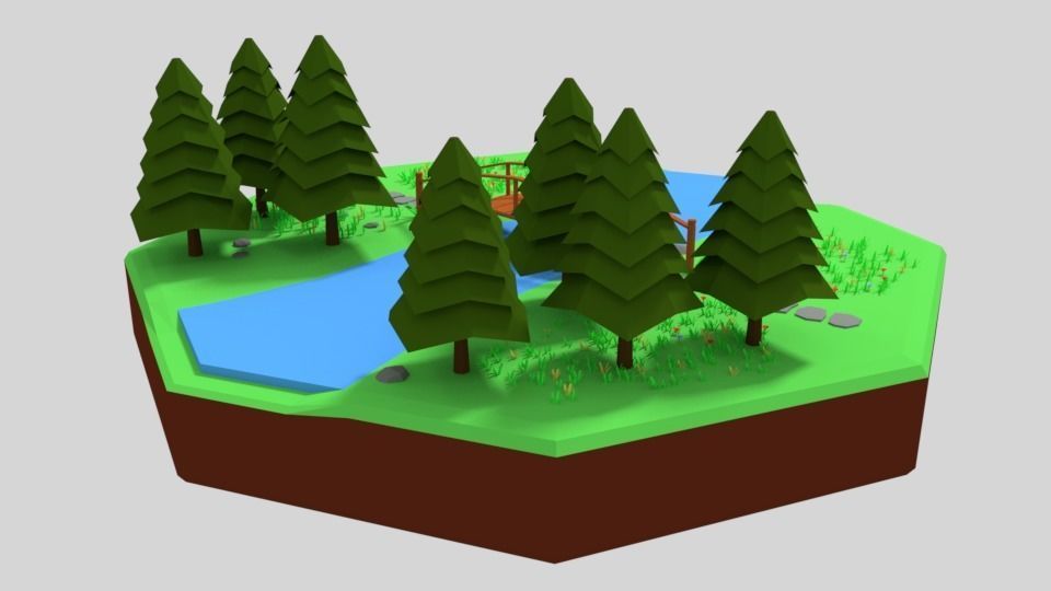 Low Poly Cartoon Forest Bridge Scene Low-poly 3D model_4