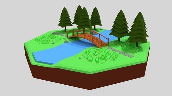Low Poly Cartoon Forest Bridge Scene Low-poly 3D model
