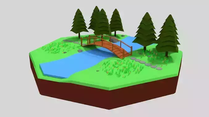 Low Poly Cartoon Forest Bridge Scene