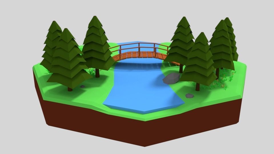 Low Poly Cartoon Forest Bridge Scene Low-poly 3D model_3