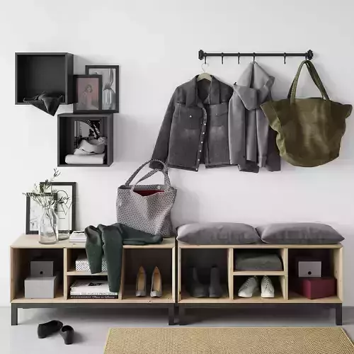 hall set storage unit with clothes and bags hanging on wall 3D model