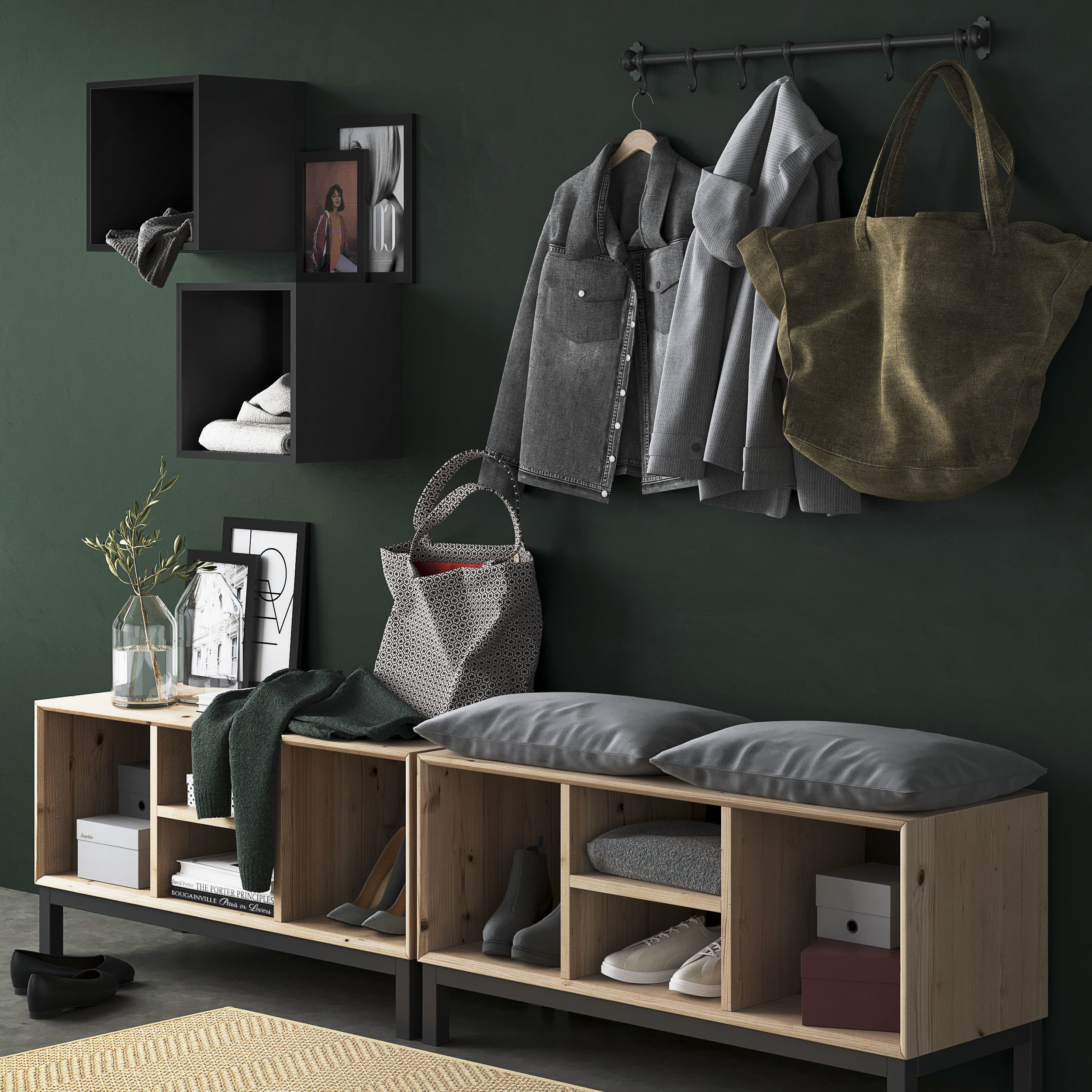 hall set storage unit with clothes and bags hanging on wall 3D model_4