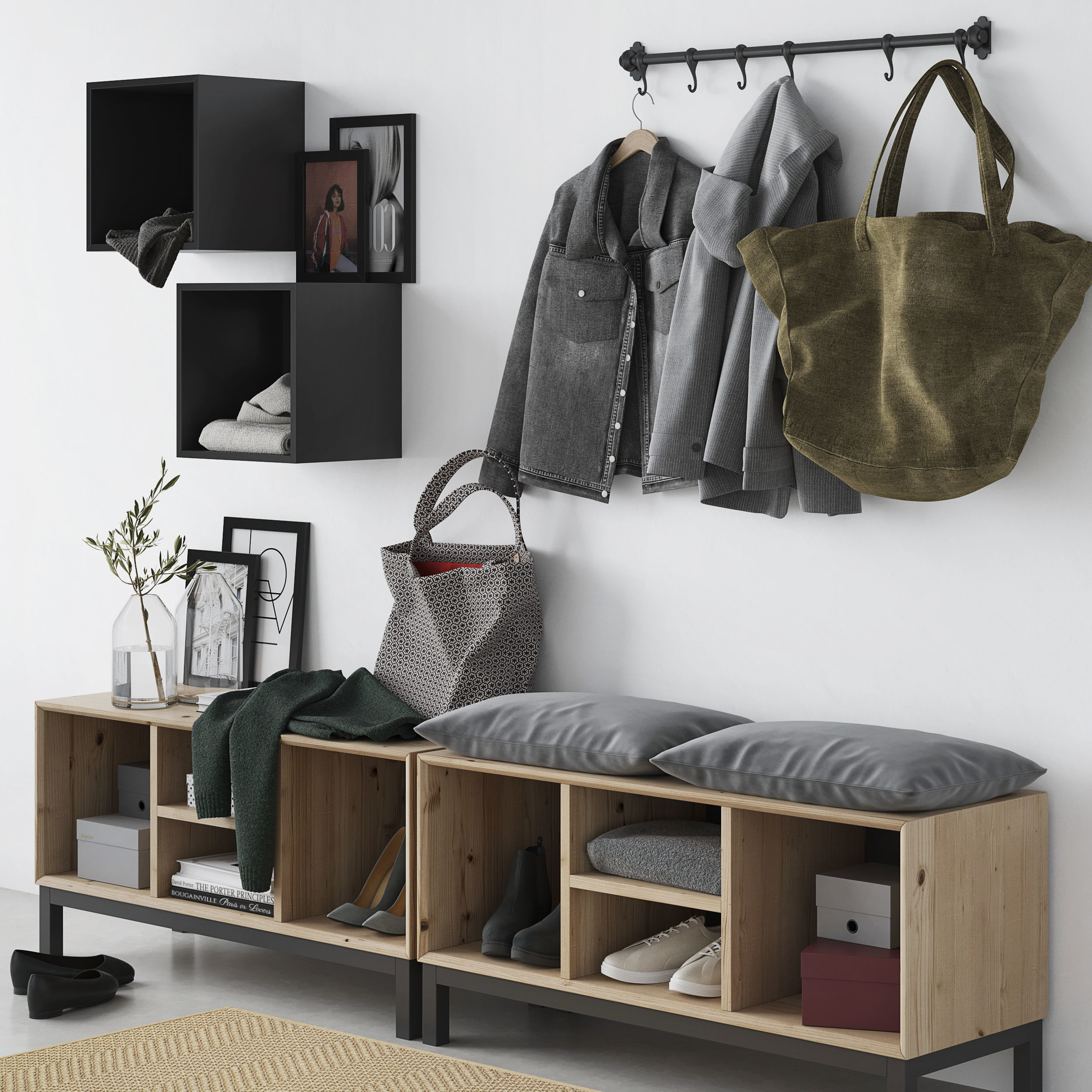 hall set storage unit with clothes and bags hanging on wall 3D model_1