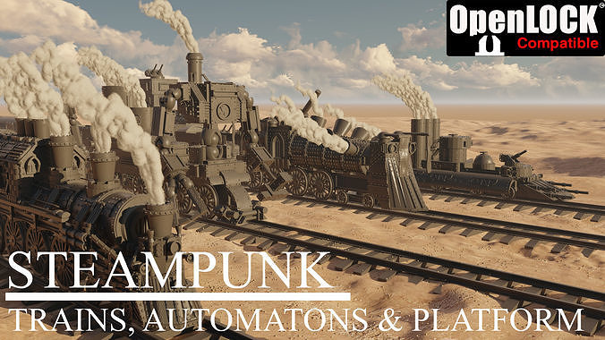 Steampunk trains automatons and platform set of  3D print model