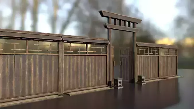 Japanese wooden modular fence  Low-poly 3D model