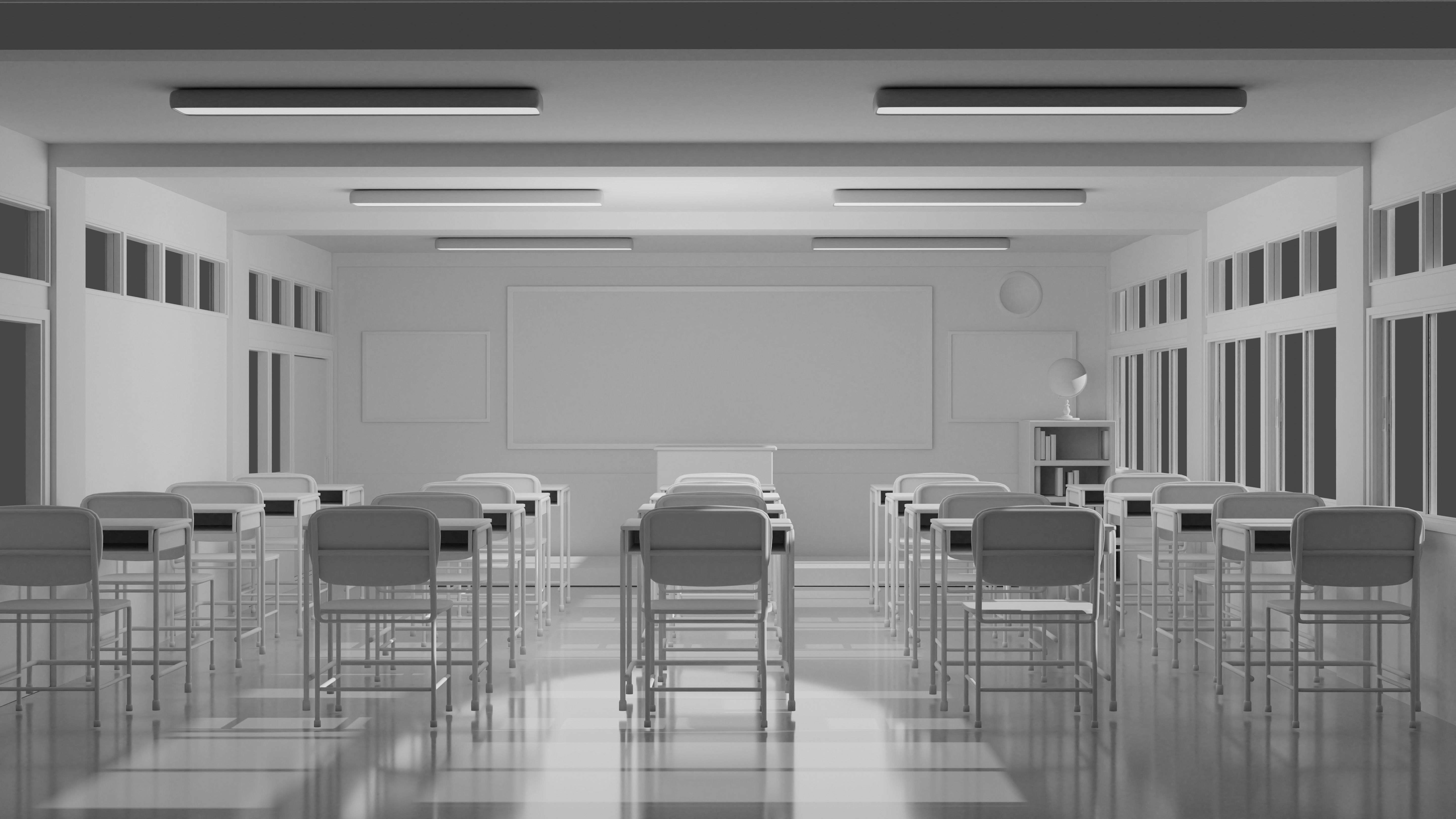 Classroom with desks and chairs 3D model_1