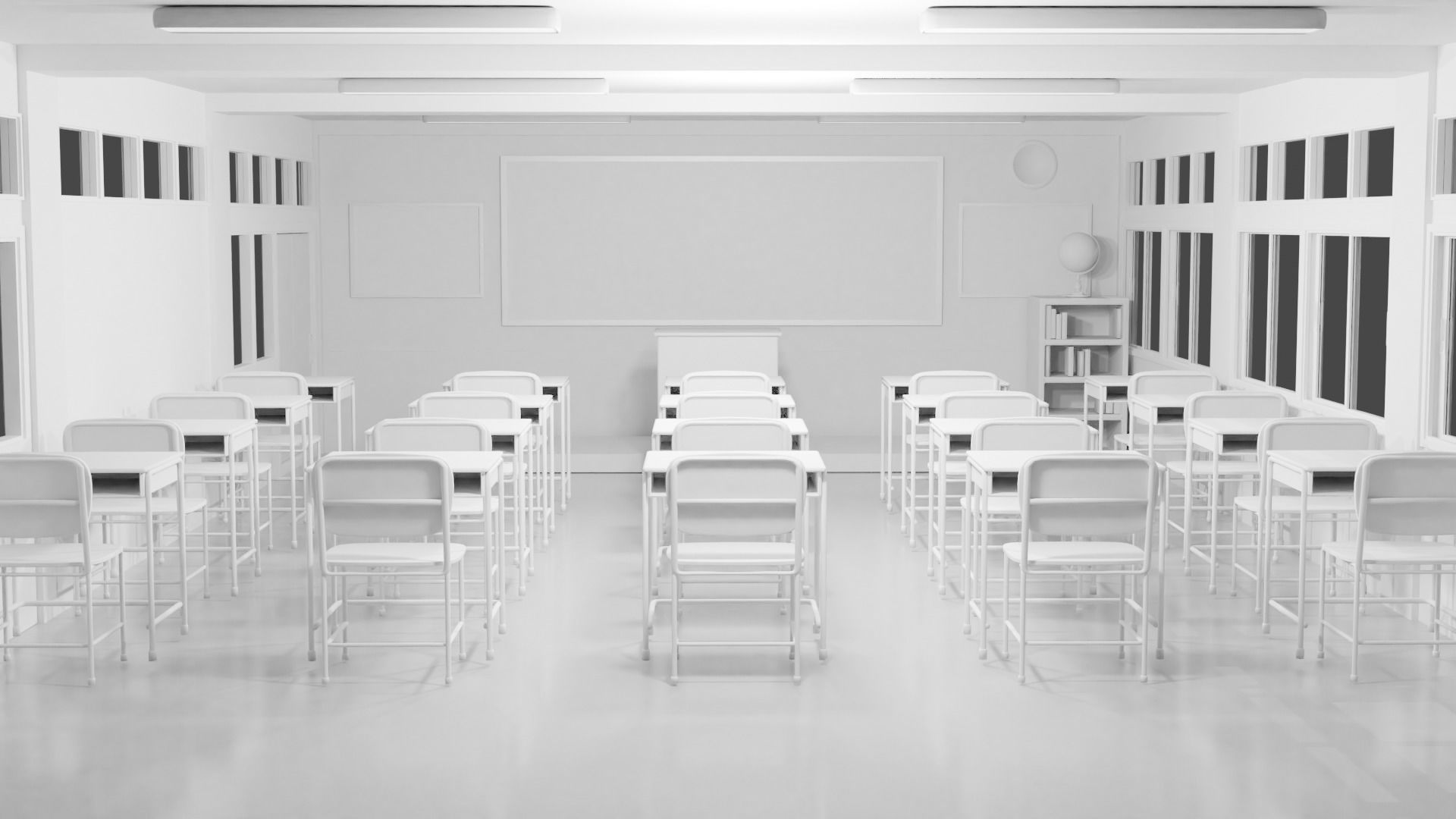 Classroom with desks and chairs 3D model_2