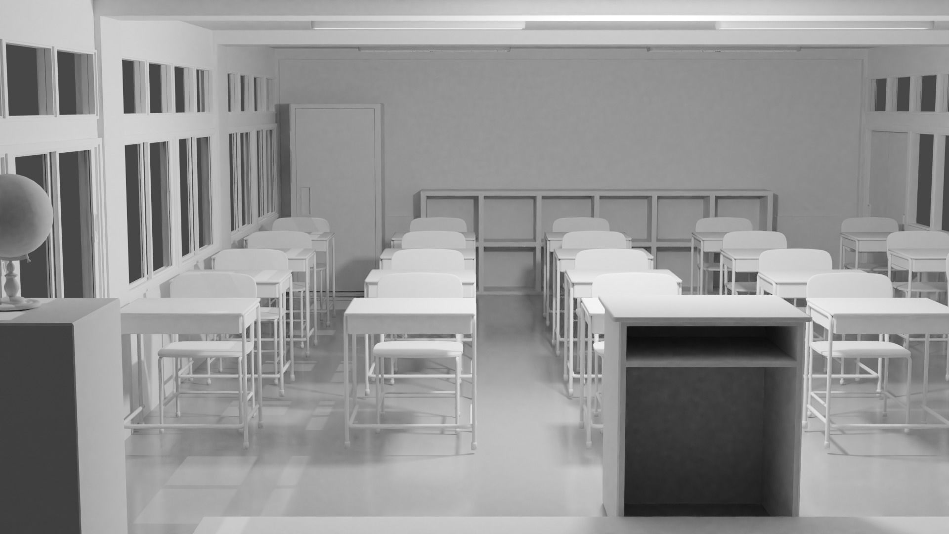 Classroom with desks and chairs 3D model_3