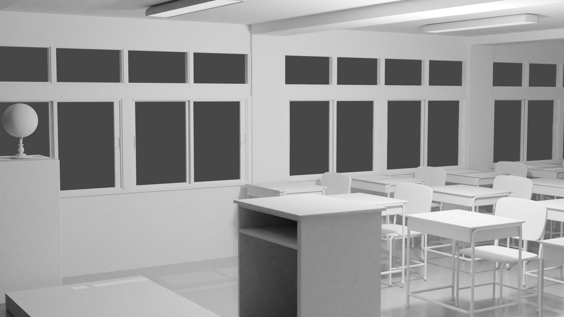 Classroom with desks and chairs 3D model_4