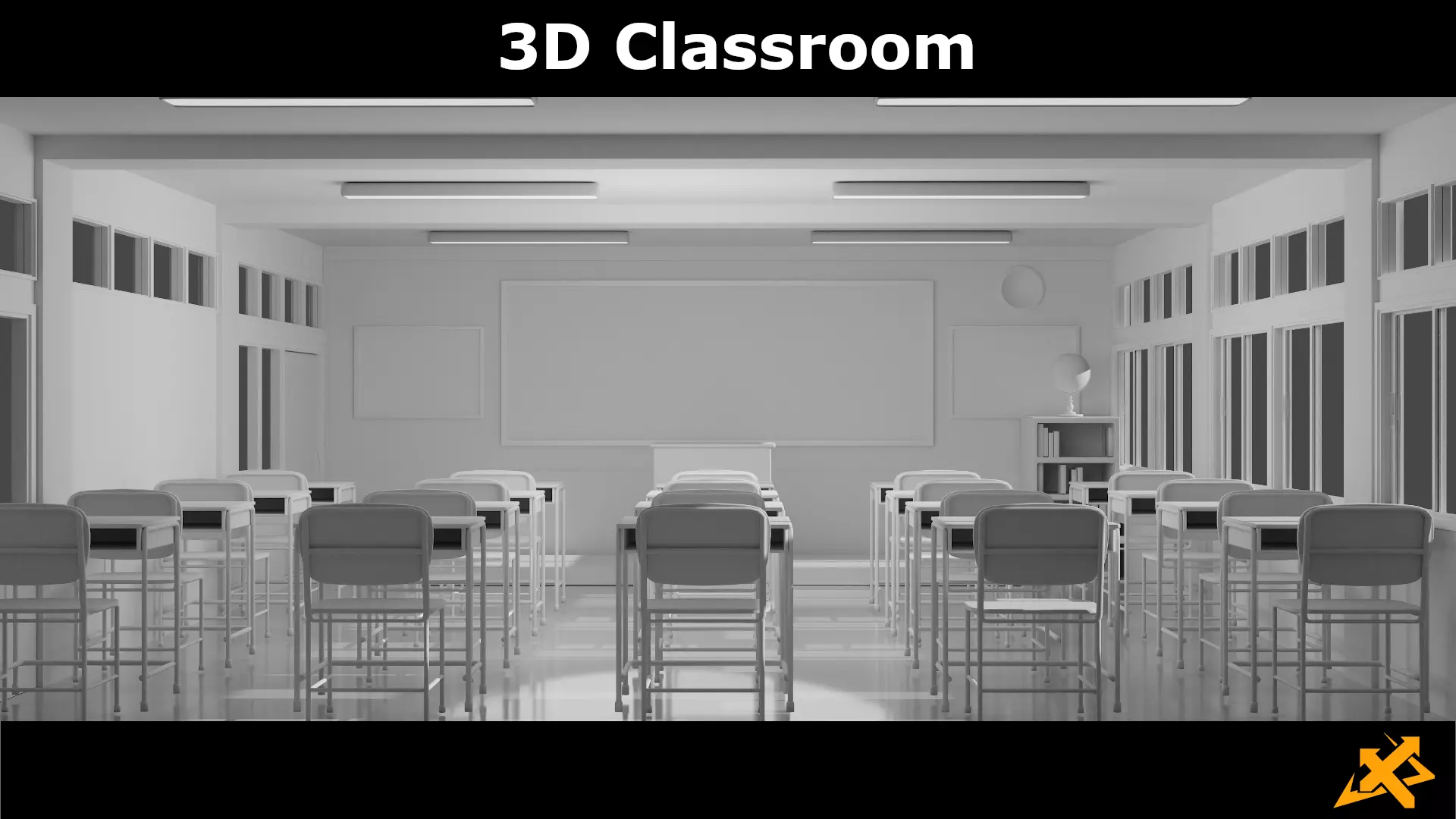Classroom with desks and chairs 3D model_0