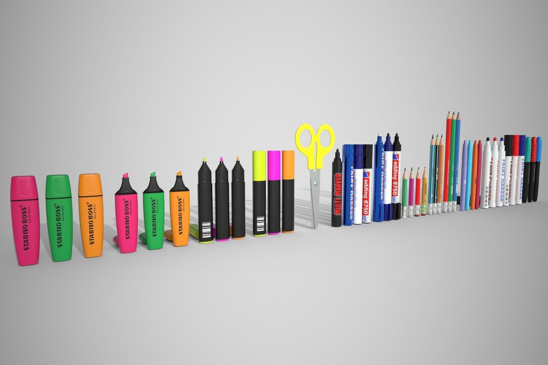 Stationery set PBR different colored pens and pencils Low-poly 3D model_1