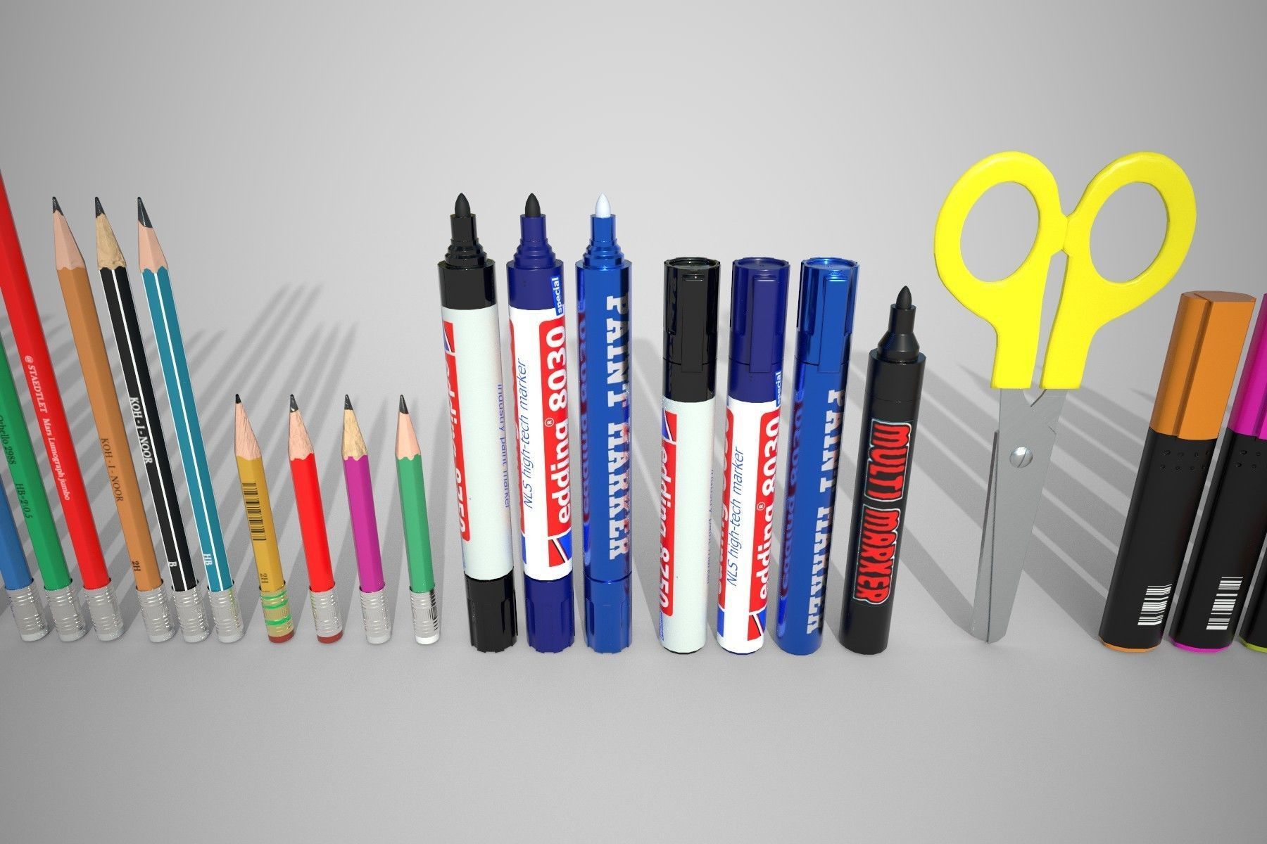Stationery set PBR different colored pens and pencils Low-poly 3D model_6