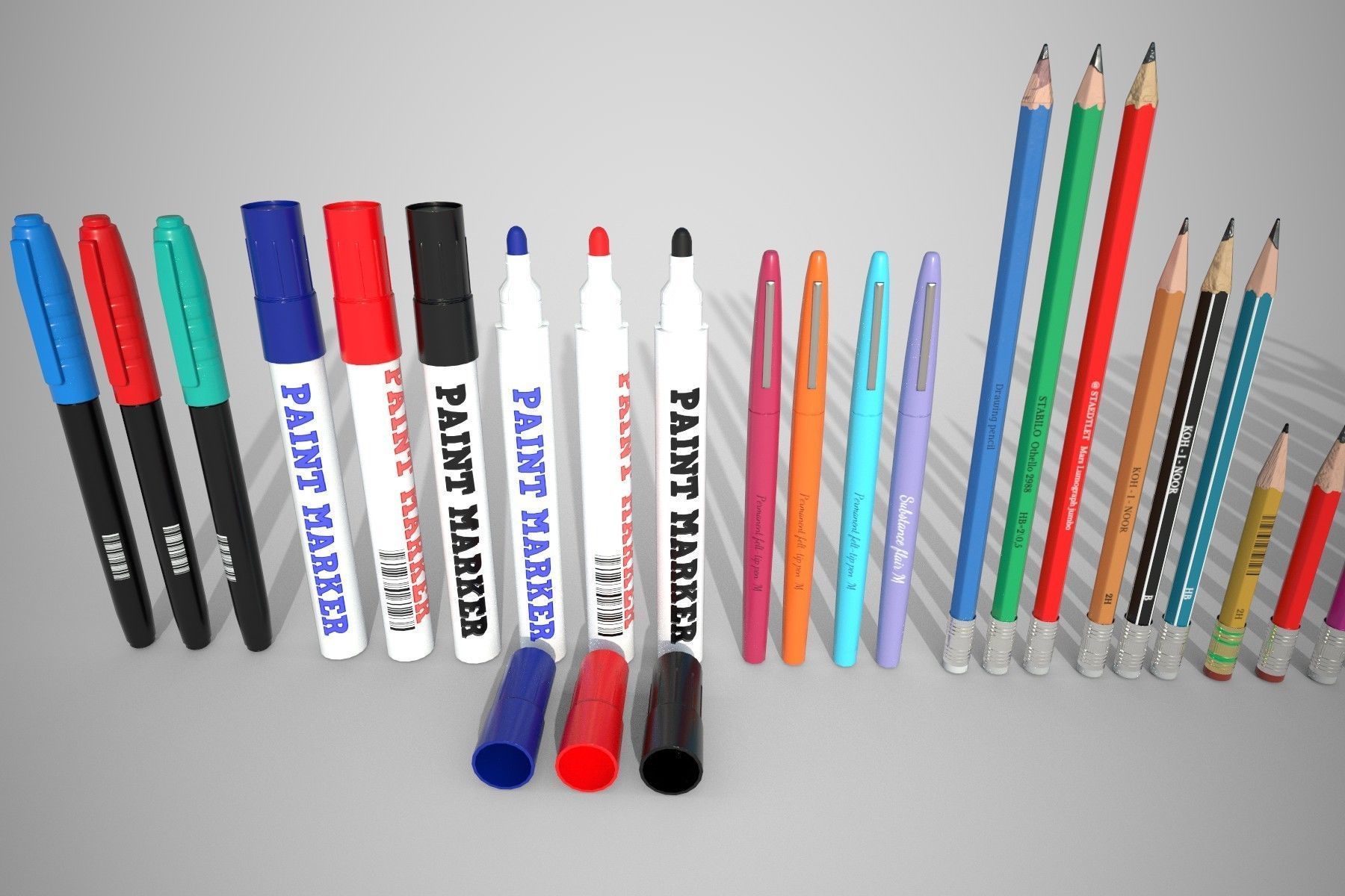 Stationery set PBR different colored pens and pencils Low-poly 3D model_5