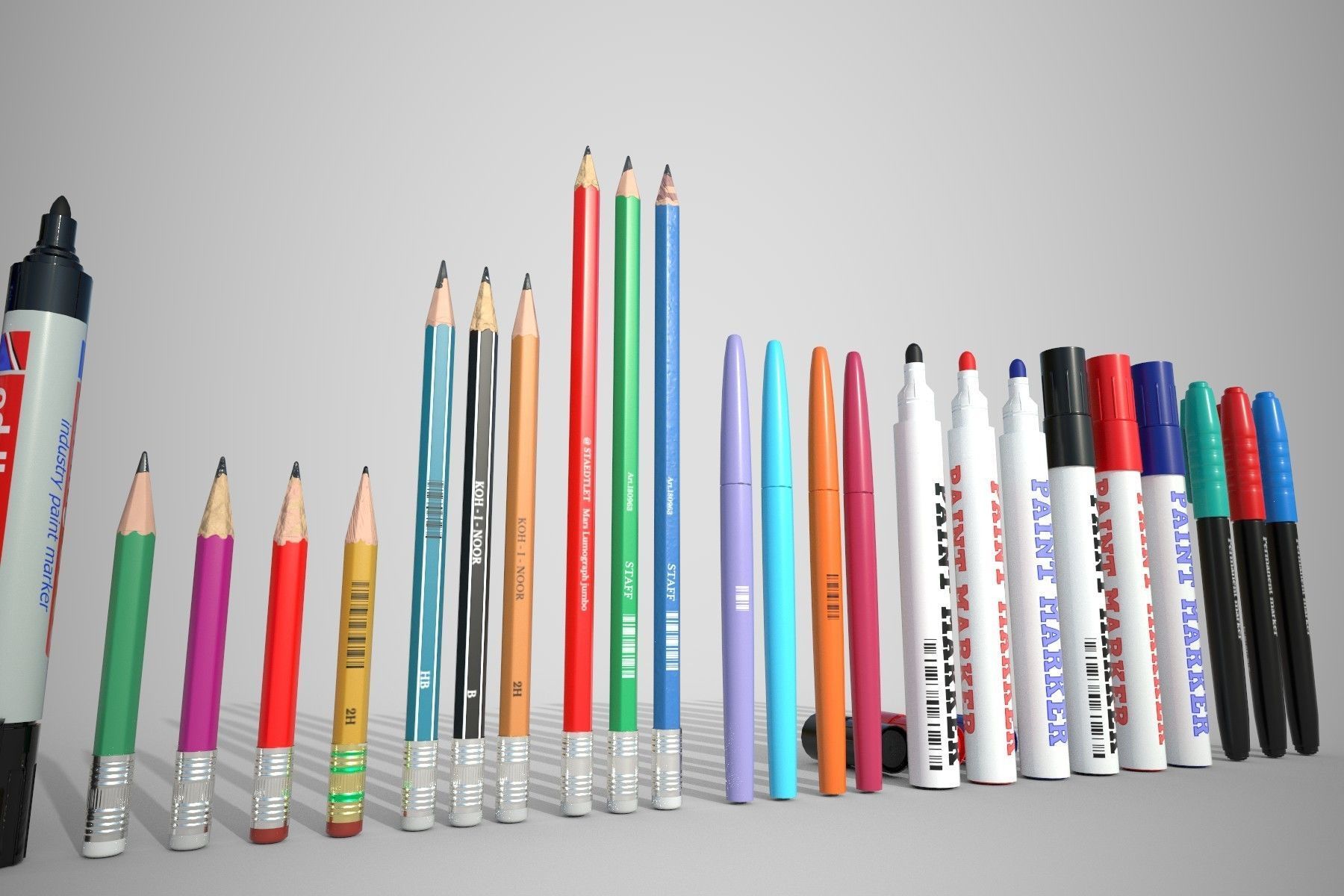Stationery set PBR different colored pens and pencils Low-poly 3D model_2