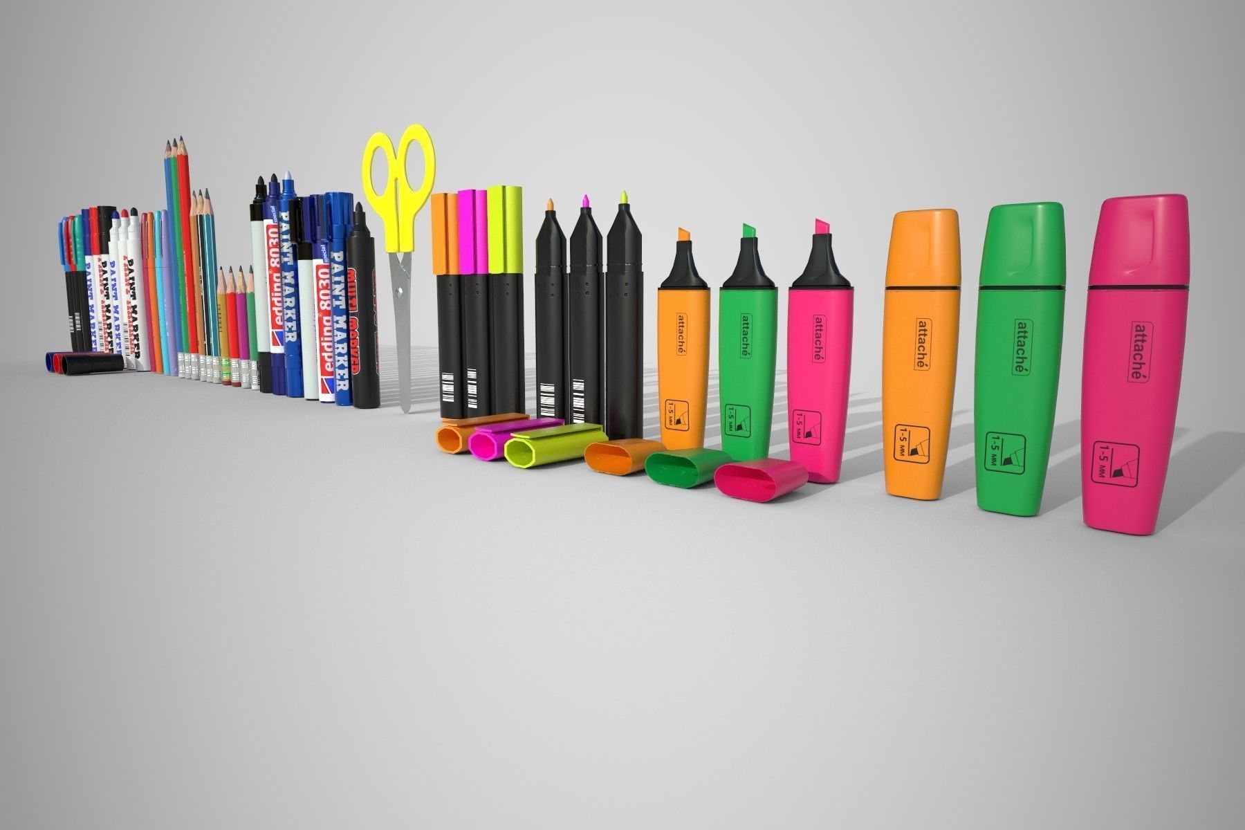 Stationery set PBR different colored pens and pencils Low-poly 3D model_4