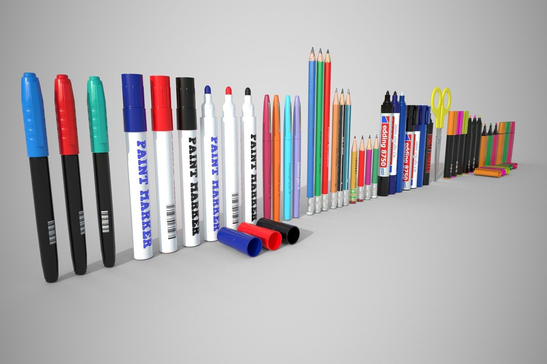 Stationery set PBR different colored pens and pencils Low-poly 3D model_3