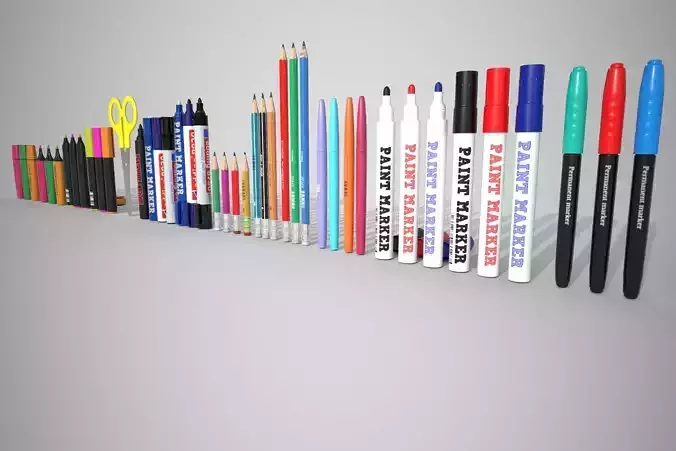 Stationery set PBR different colored pens and pencils