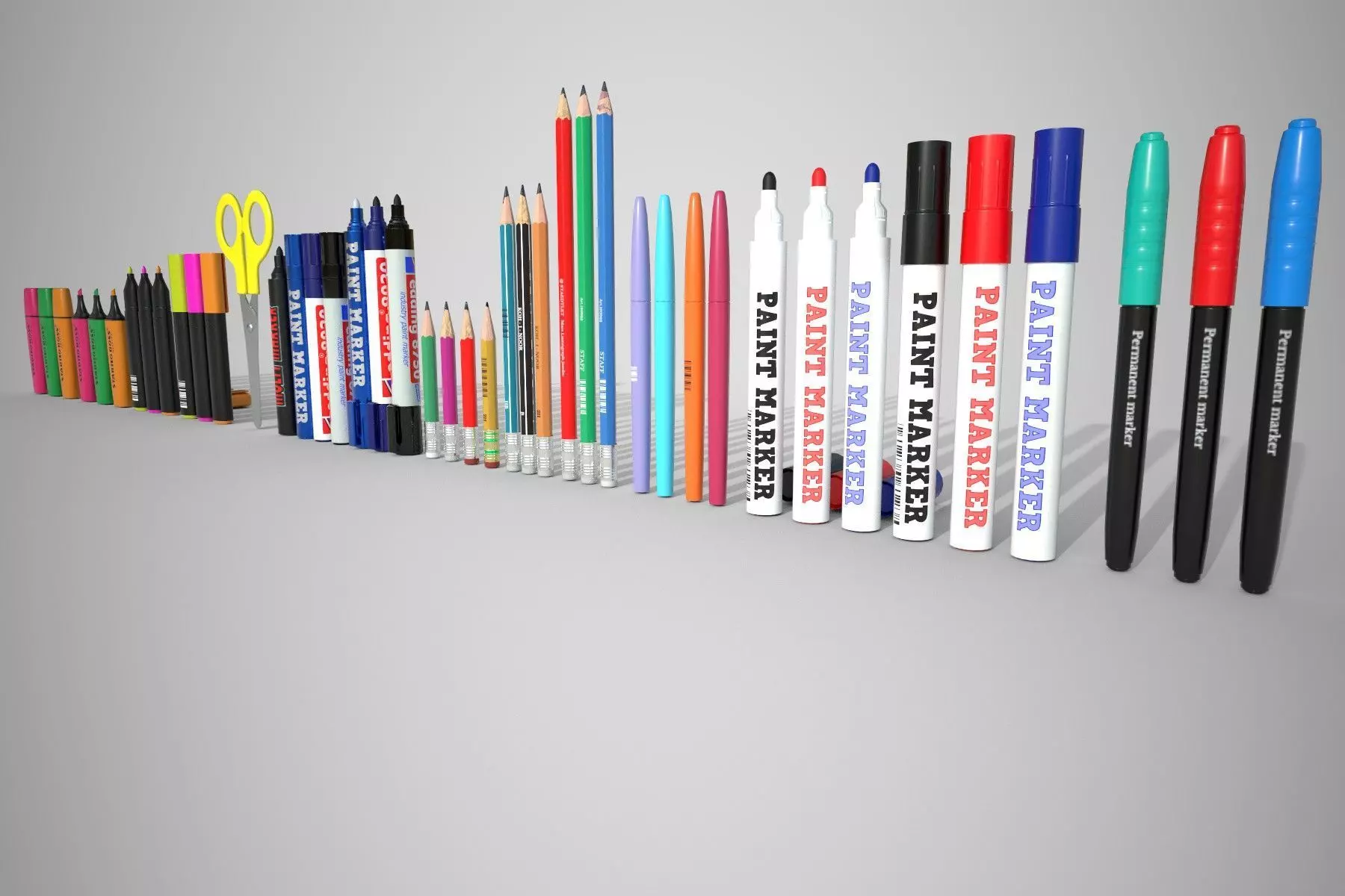 Stationery set PBR different colored pens and pencils Low-poly 3D model_0