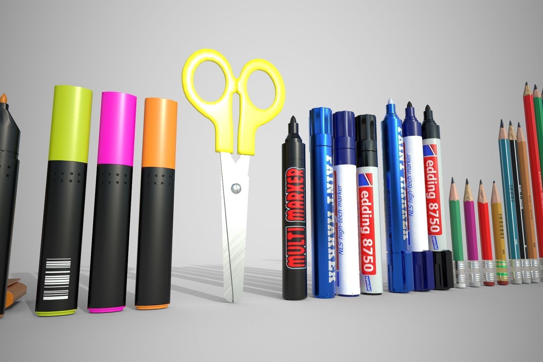 Stationery set PBR different colored pens and pencils Low-poly 3D model_9