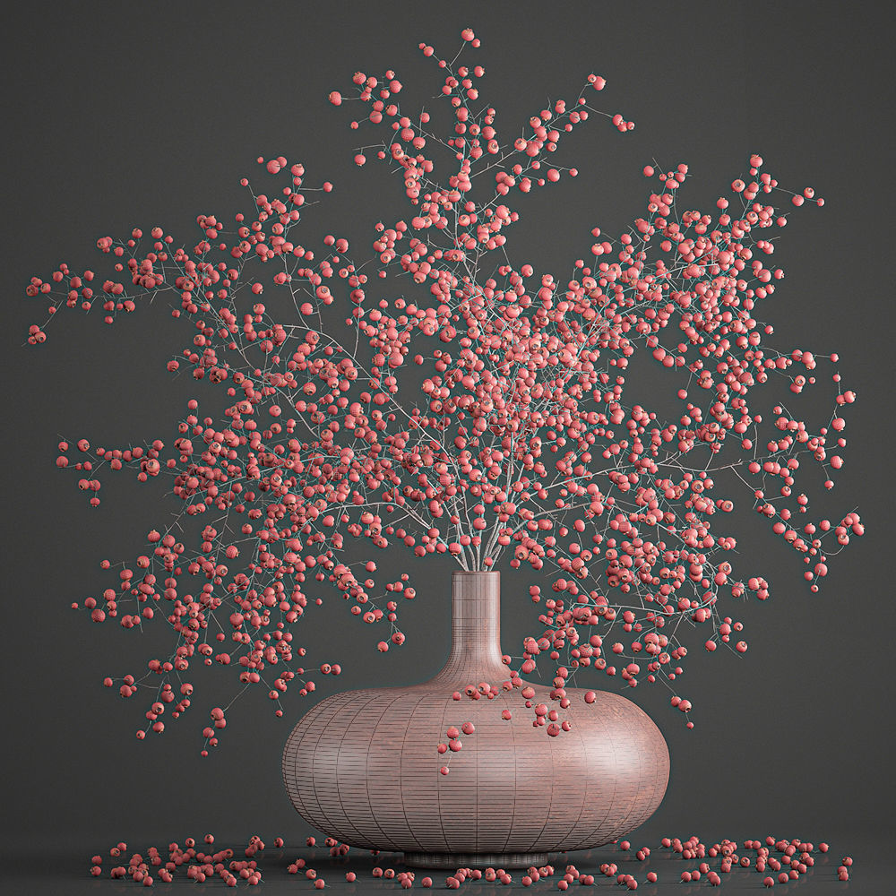 Decorative bouquet of branches with red berries in a vase 97 3D model_7