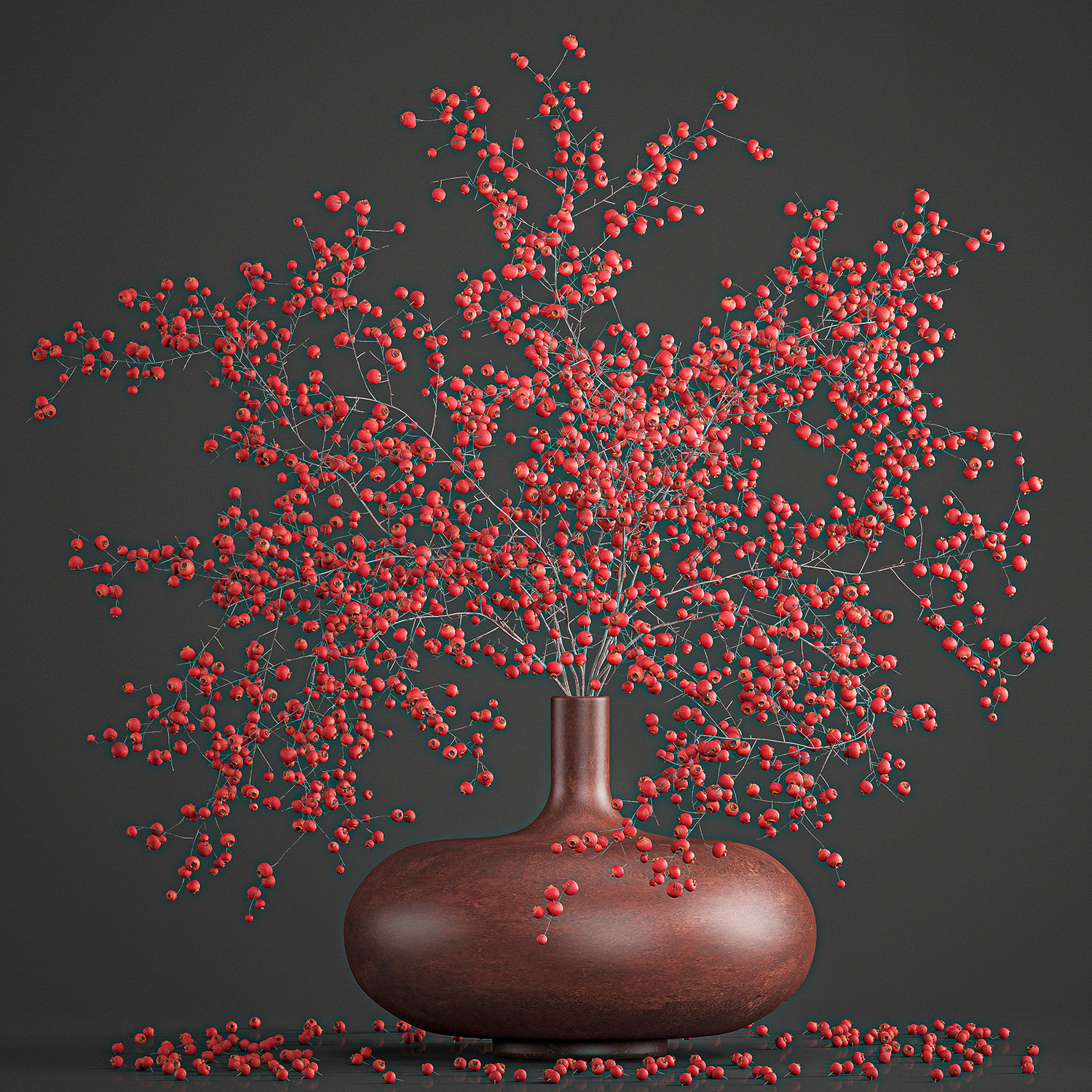 Decorative bouquet of branches with red berries in a vase 97 3D model_2