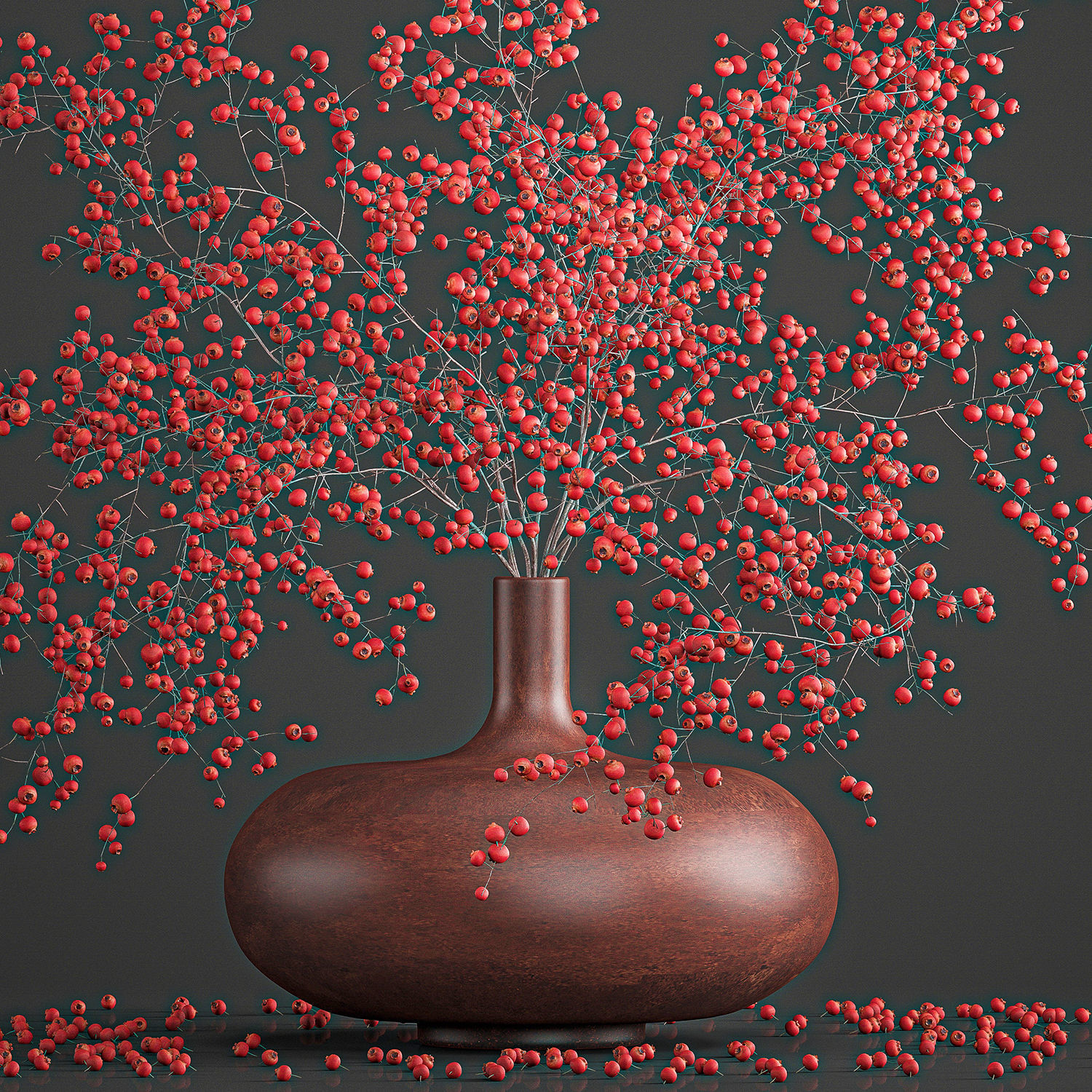 Decorative bouquet of branches with red berries in a vase 97 3D model_1